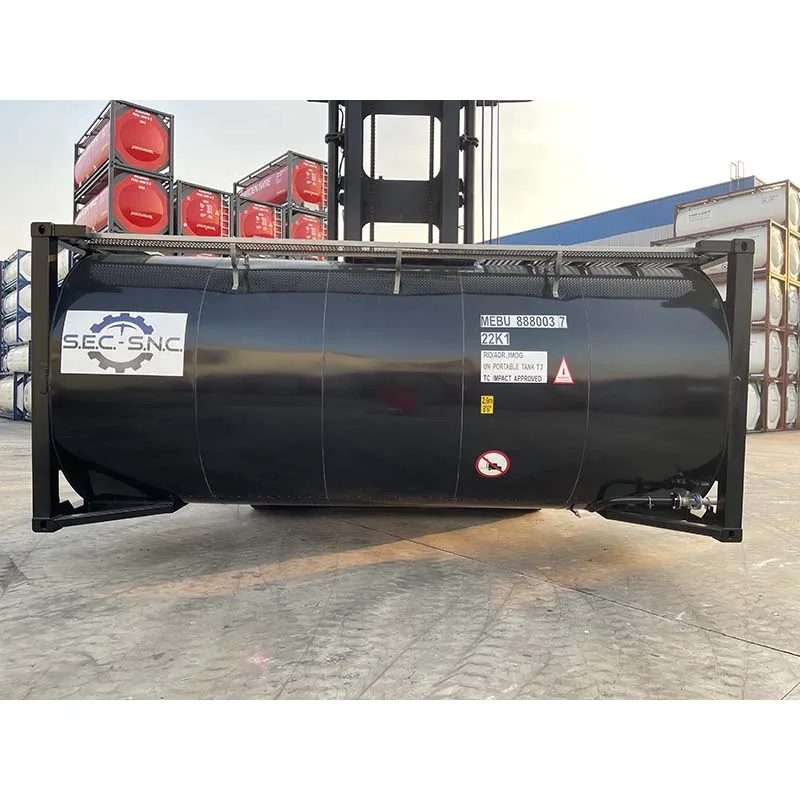 20ft Carbon Steel Tank Container – Liquid Storage and Transport – black tank container suspended by forklift in storage yard