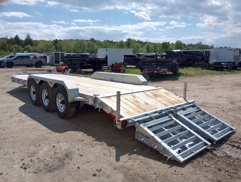 2024 N&N Trailers 20 ft Equipment Trailer – Full-Width Ramps – Alternate three-quarter rear view showing the wooden deck and lowered metal ramps