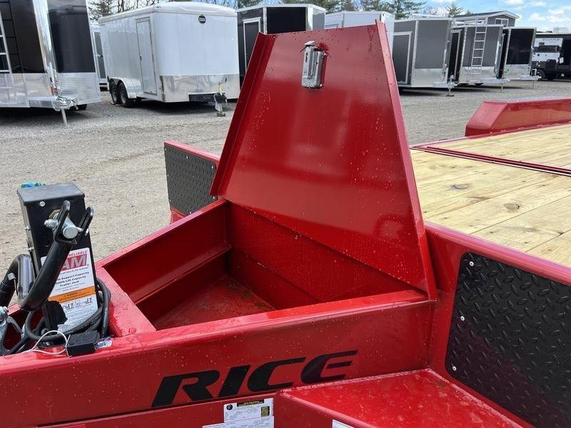 2024 Rice Trailers 22 ft Tilt Deck – Red, Toolbox – The front tongue storage box shown in the open position