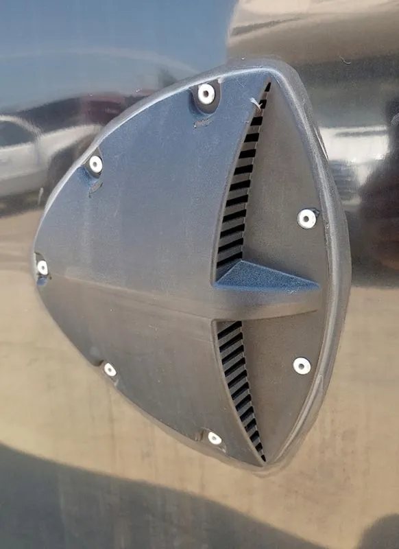 Mission Trailers 22 ft Snowmobile Trailer – 4-Place – Close-up of a black plastic flow-through vent mounted on the trailer exterior