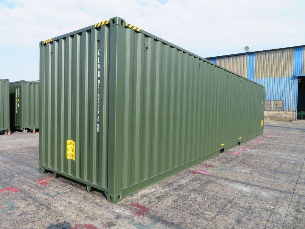 40ft One-Trip Shipping Container – Standard Height, Dry Storage – three-quarter exterior view of green container with solid end