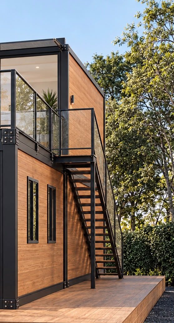 Two-Story Container Home – 1 Bedroom, 2 Baths, Rooftop Deck – Narrow side view showing the staircase and upper landing