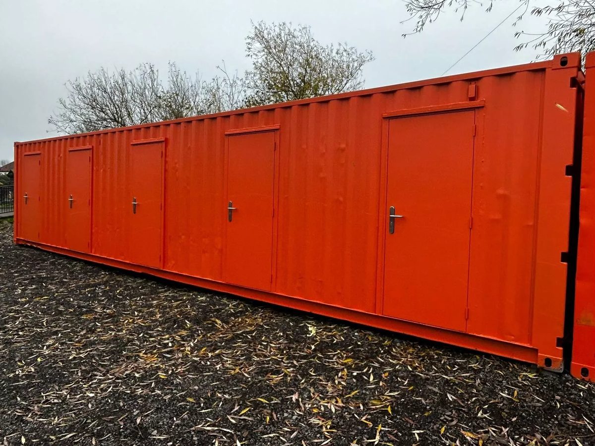40ft Multi-Compartment Shipping Container – Individual Side Access – orange storage container with five separate side access doors