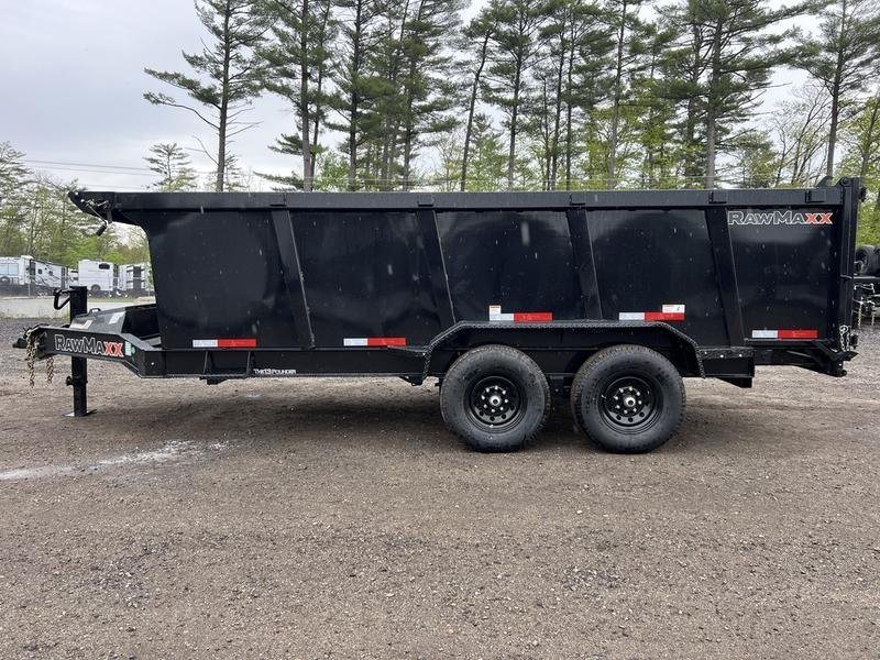 2024 RawMaxx 16 ft Dump Trailer – Tarp Kit – Full side view of the black dump trailer showing both axles