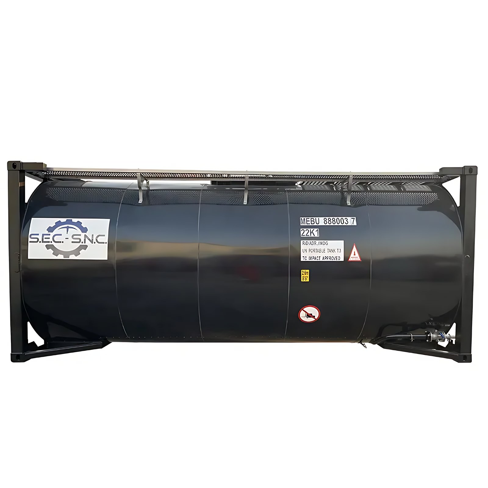 20ft Carbon Steel Tank Container – Liquid Storage and Transport – Black cylindrical tank in rectangular steel frame with top walkway and outlet valve
