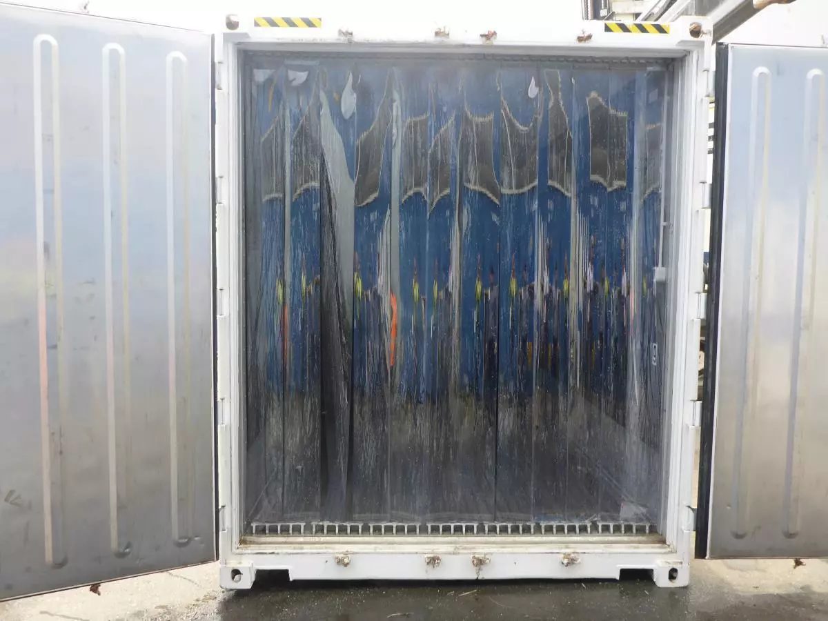 40ft High Cube Reefer Container – Deep-Freeze Cold Storage – open refrigerated container doors with clear plastic strip curtain