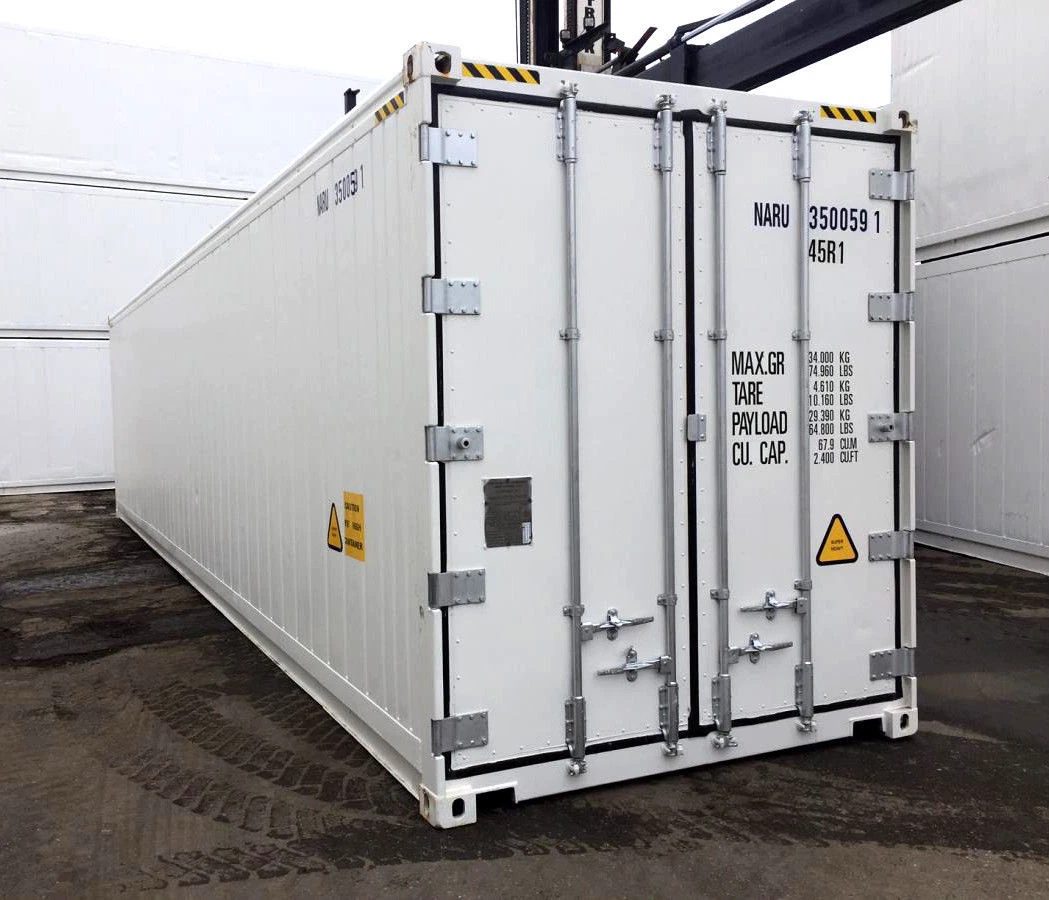 40ft High Cube Reefer Container – Deep-Freeze Cold Storage – three-quarter exterior view of white refrigerated container with closed doors