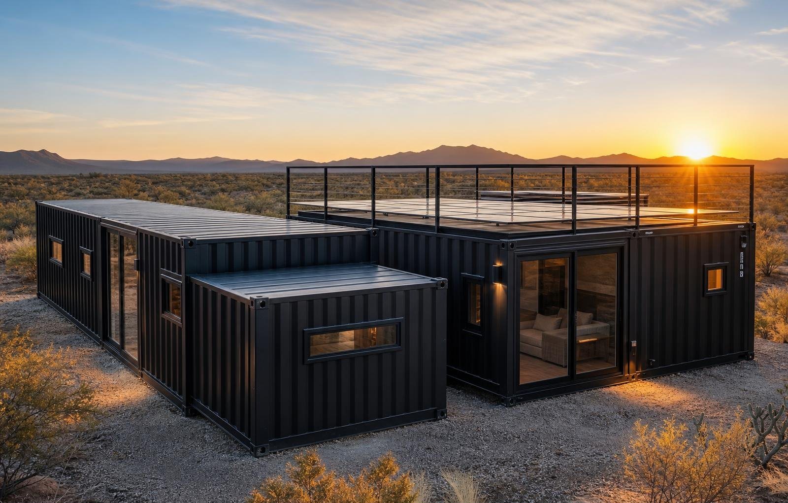 10-Module Container Home – The Ultimate, 3-Bedroom Courtyard – This 10-module luxury container villa features a private courtyard with a plunge pool, desert landscaping, and integrated LED lighting