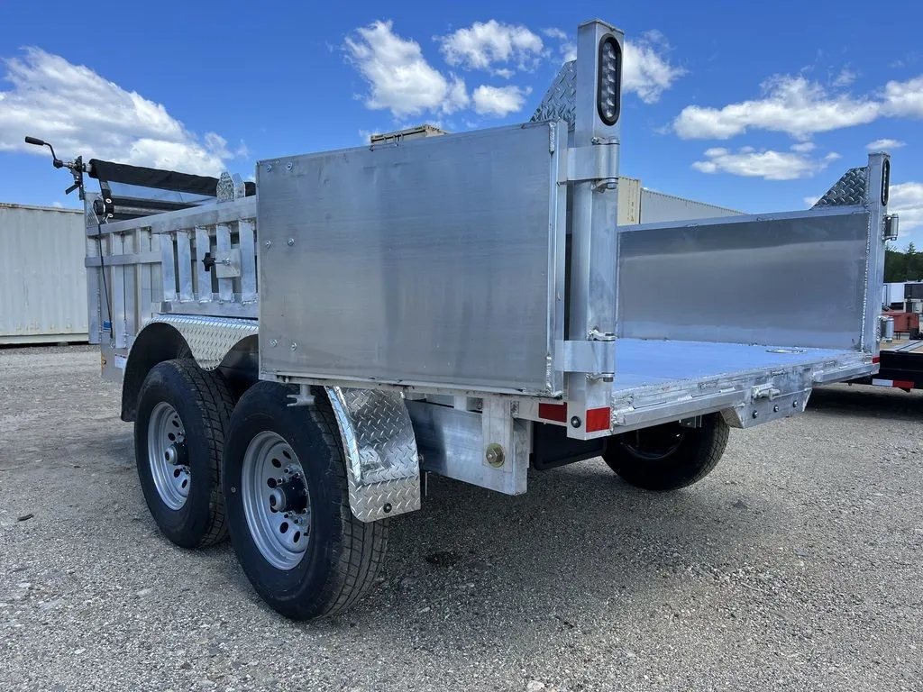 2024 Cargo Pro 12 ft Dump Trailer – Aluminum – View of the rear gates open and pinned back to the trailer sides