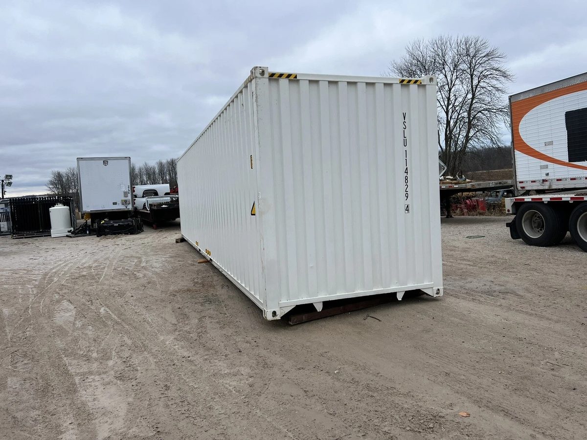 40ft High Cube Shipping Container – One-Trip, Double Doors – three-quarter exterior view of white container with solid end