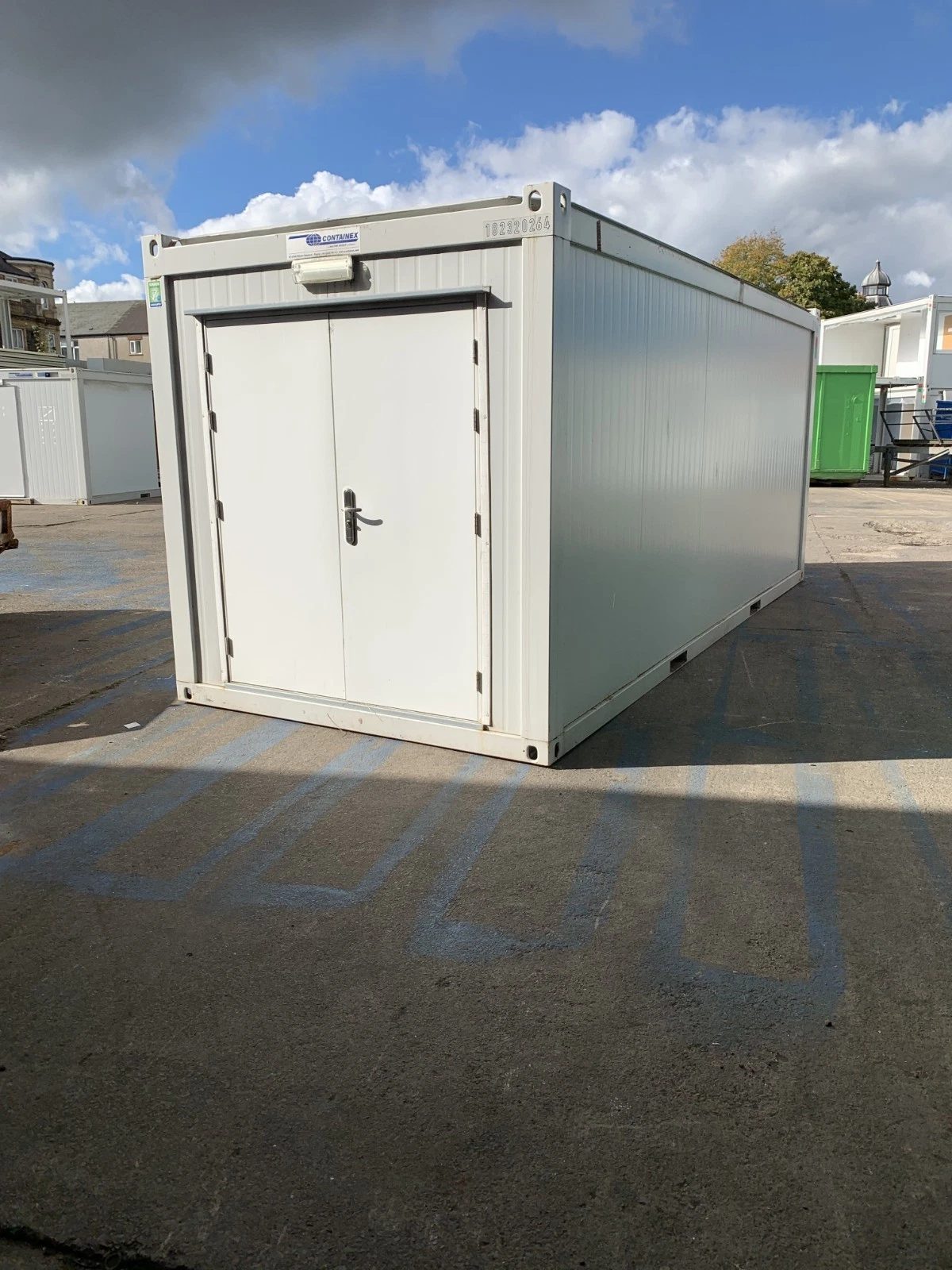 20ft Insulated Storage Container – Steel Lock Boxes – three-quarter exterior view of insulated storage unit with closed doors