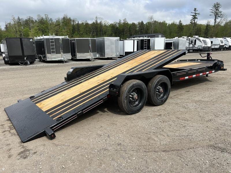 2024 Diamond C 24 ft Tilt Trailer – Spare Mount – Elevated side view of the trailer with the tilt deck fully extended upwards