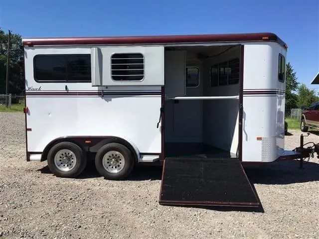 2007 Hawk 2 Horse Bumper Pull Trailer – Side Ramp – The side ramp fully extended to the ground for loading horses