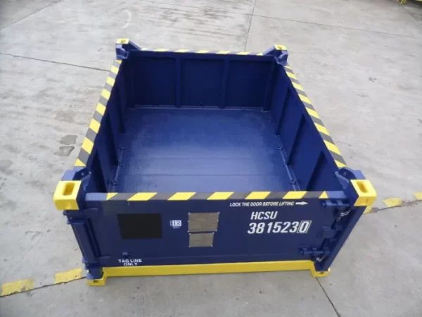 10ft Half-Height Offshore Container – Open Top, Single Swing Door – elevated exterior view of empty half height open top container
