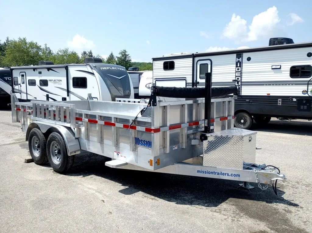 2025 Mission Trailers 16 ft Dump Trailer – Aluminum – Side profile view of the 7 by 16 aluminum hydraulic dump trailer