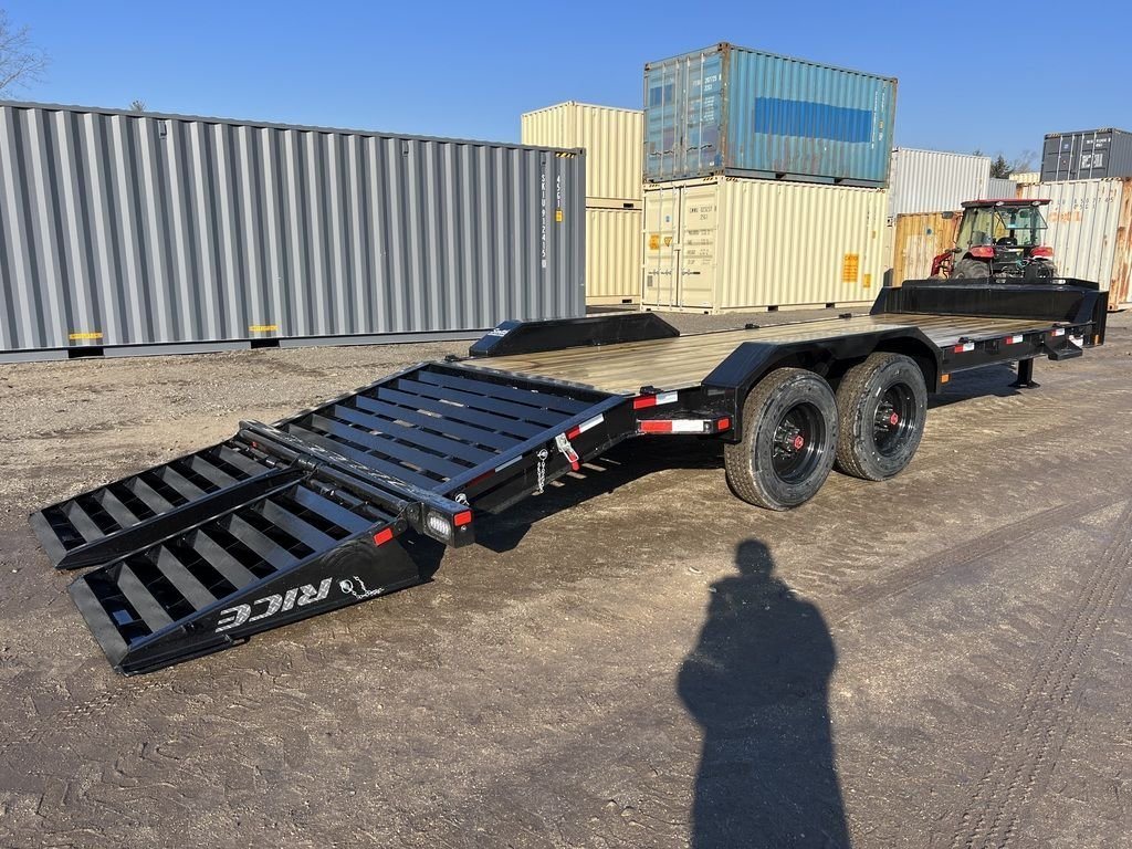 2024 Rice Trailers 18 ft Equipment Trailer – Hydraulic Jack – Rear three-quarter view showing the ramps in a partially extended position