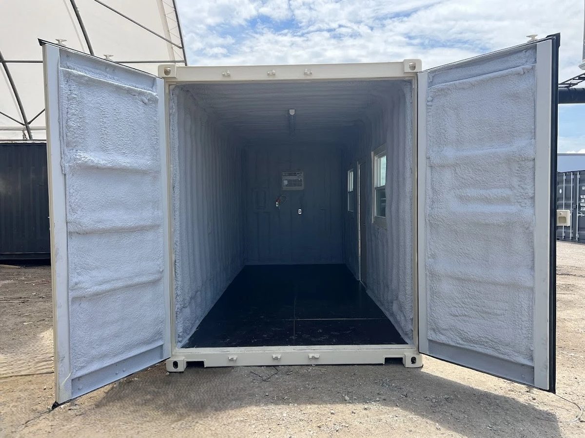 20ft High Cube Container Office – Side Entry and Two Windows – open cargo doors revealing insulated empty office interior