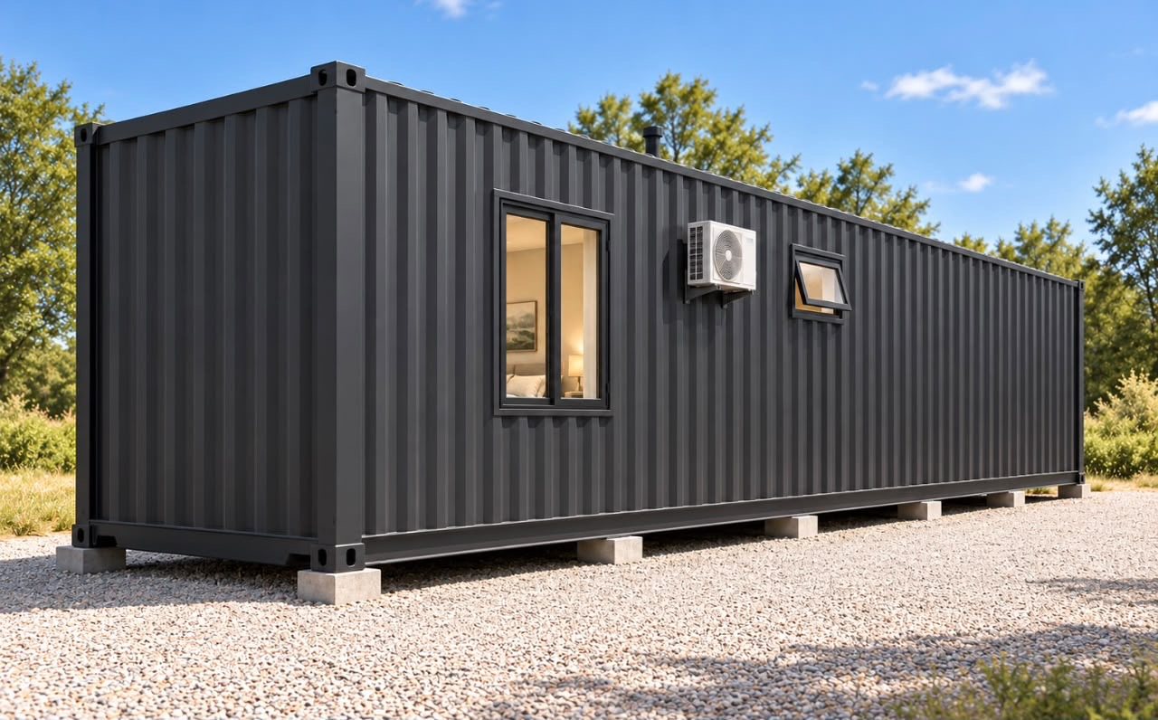 40ft Charcoal Haven Container Home – 1 Bedroom, Galley Kitchen – Secondary-side three-quarter exterior with condenser and rear bedroom window