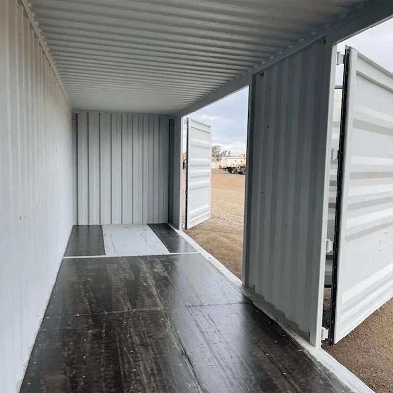40ft High Cube Shipping Container – 4 Side Doors + End Access – empty container interior with open side doors and dark flooring