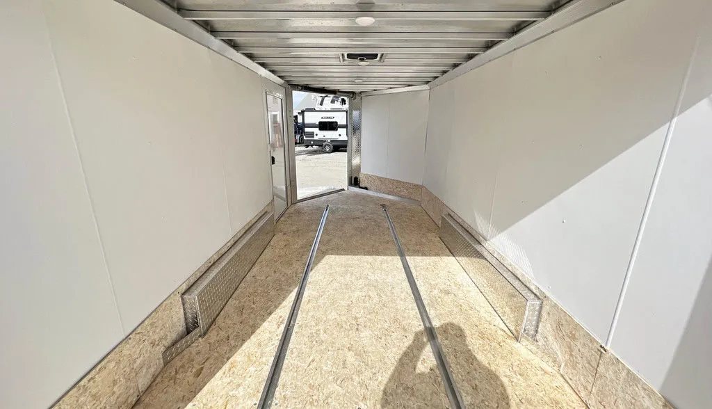 2023 High Country 14 ft Trailer – Blue, Drive-Through – View looking towards the open front ramp from the back of the interior