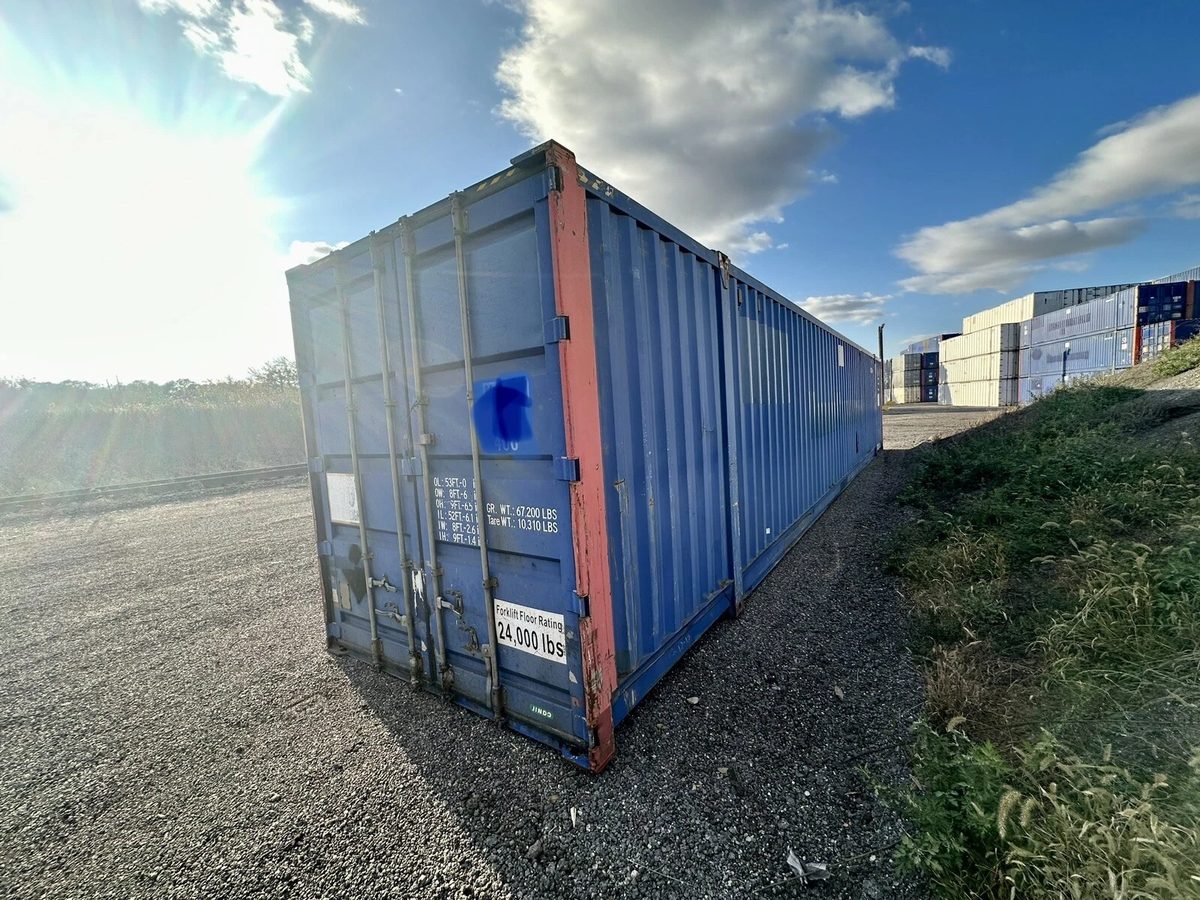 53ft High Cube Steel Shipping Container – Double End Doors – three-quarter exterior view of blue container with cargo doors closed (4)