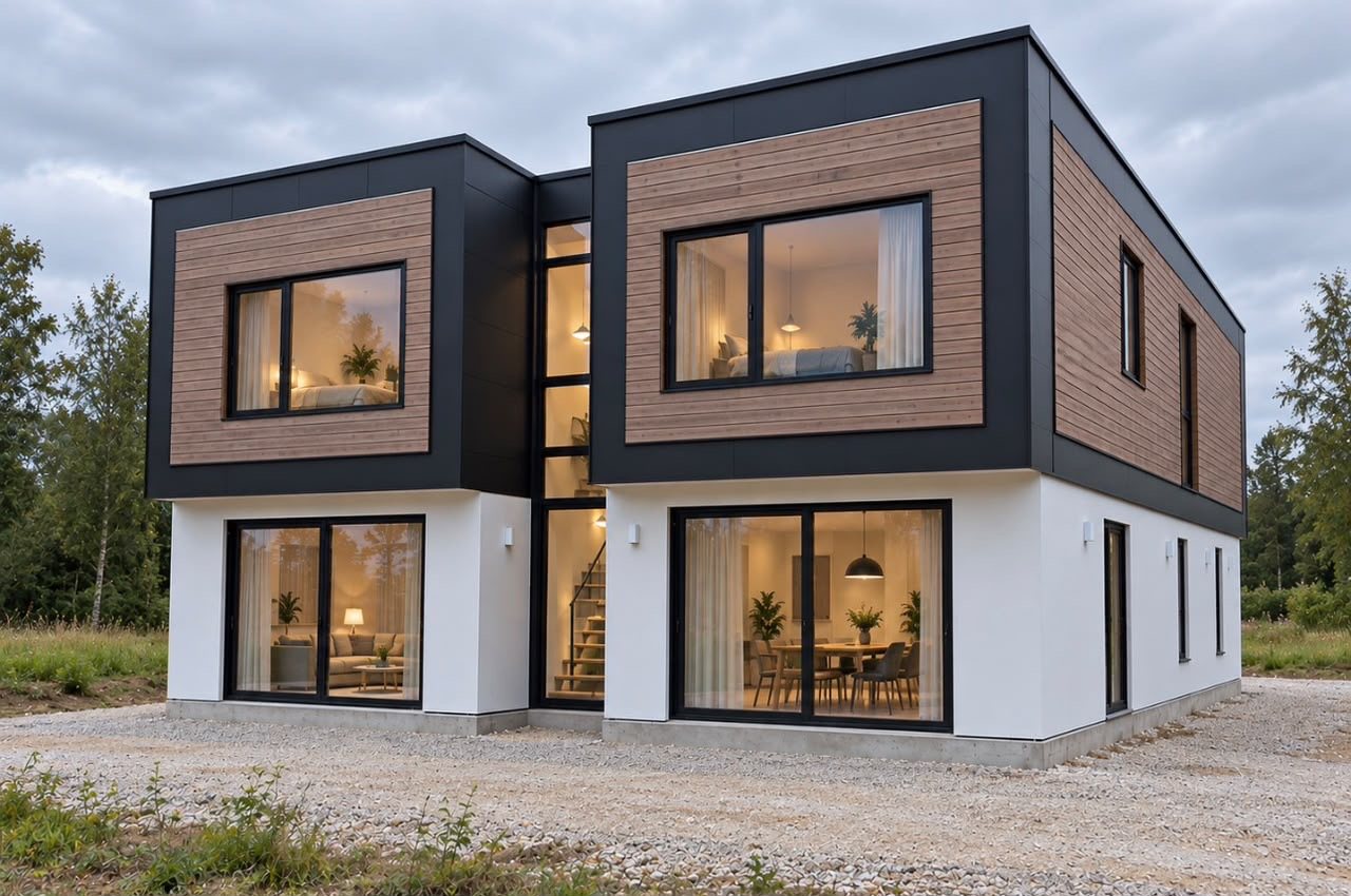 Four-Module Container Home – 3 Bedrooms, 2 Stories – Preliminary two-level three-bedroom concept plan; not a construction or permit drawing