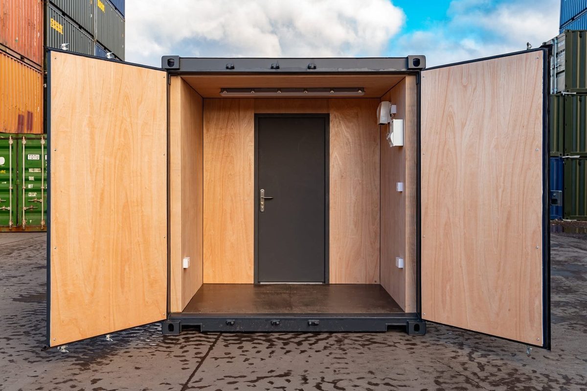 20ft Custom Container Kiosk – Serving Hatch and Insulated Interior – open cargo doors revealing plywood-lined entry and personnel door