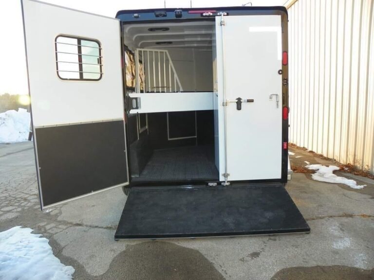 2022 Double D 2 Horse Bumper Pull – Reverse Slant – Rear view with ramp down and one door open showing divider