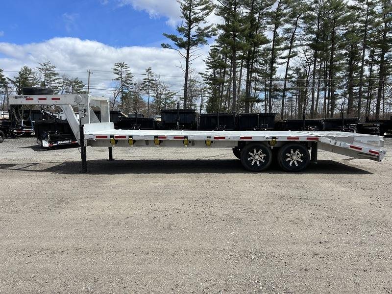 2024 Alum-Line 24 ft Gooseneck – Flip-Over Ramps – Side view of the aluminum gooseneck trailer with ramps in the up position