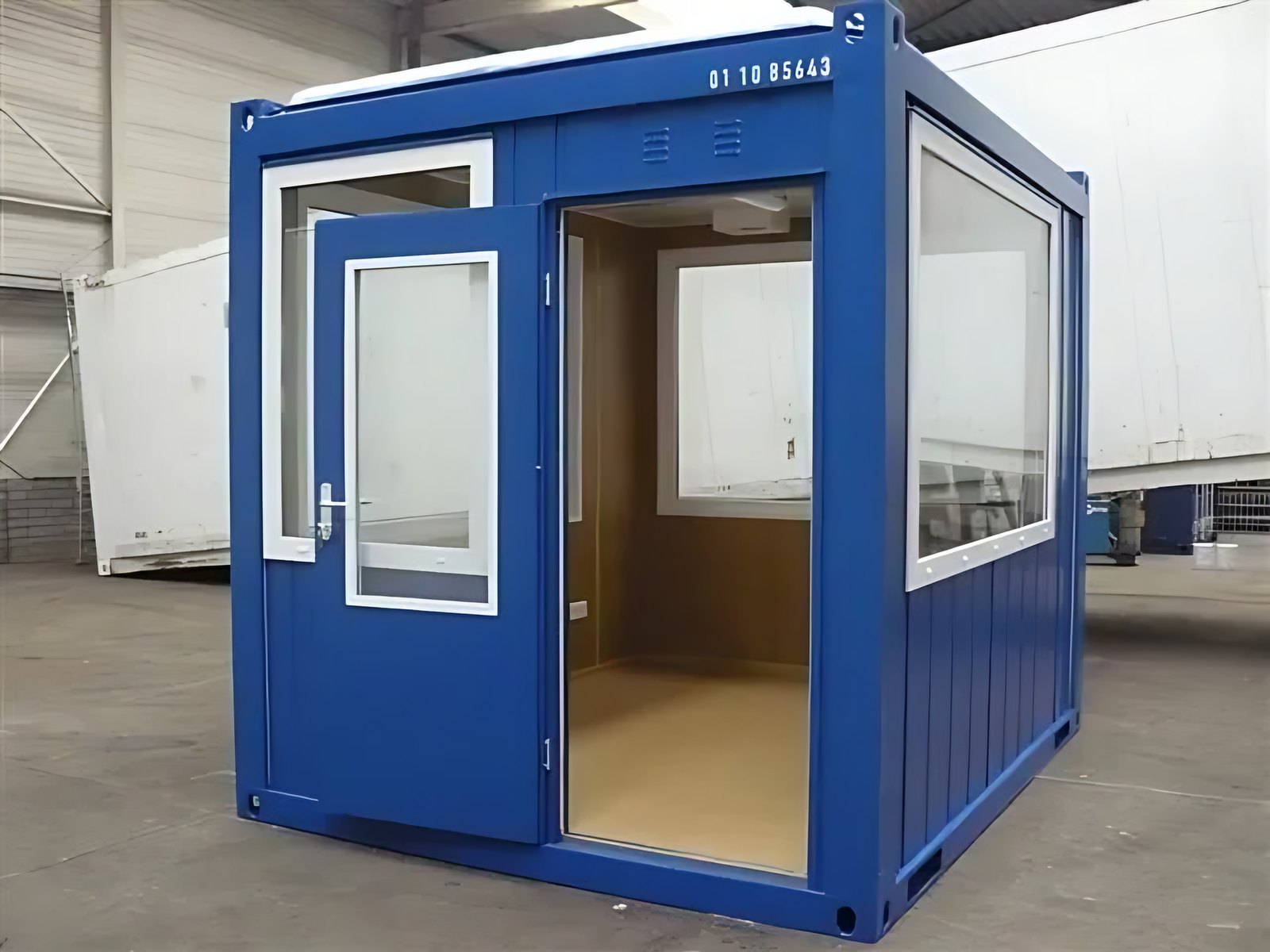 10ft Steel Observation Unit – Four Fixed-Glazed Windows – blue observation unit with open door and large windows