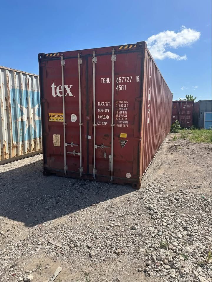 40ft High Cube Shipping Container – Used, Double Rear Doors – three-quarter exterior view of red container with closed cargo doors
