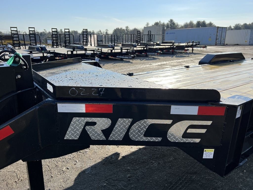 2024 Rice Trailers 18 ft Equipment Trailer – Hydraulic Jack – Side view of the front frame section with manufacturer logo and markings