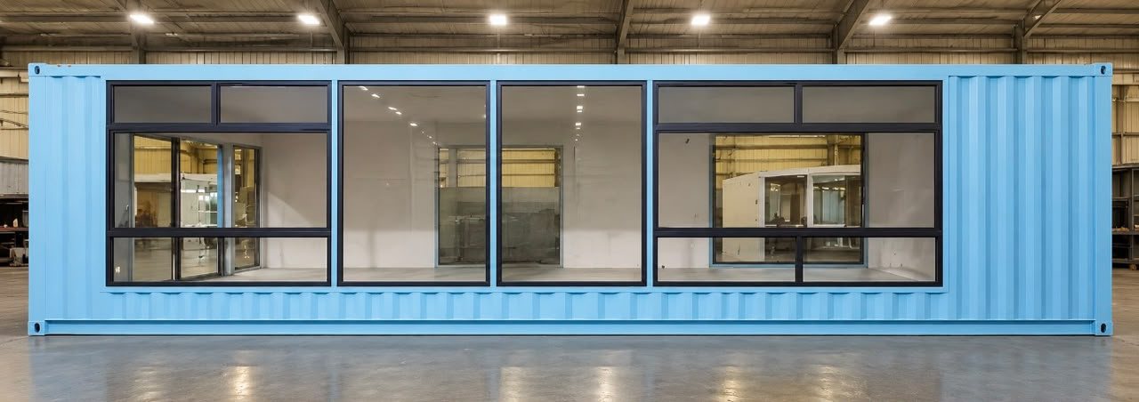 40ft Glazed Open-Plan Container – Lined Interior, Blue – 40ft Glazed Open-Plan Container — Full Side Profile View