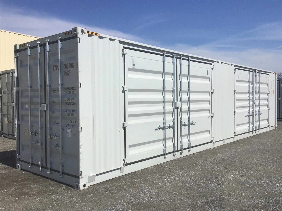 40ft High Cube Shipping Container – One-Trip, Two Side Doors – three-quarter container exterior with closed end and two side doors