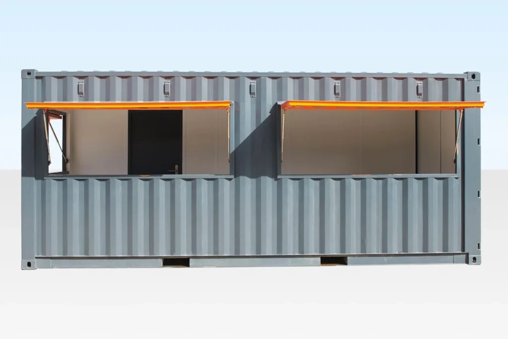 20ft Custom Container Café – Configurable Food Service Layout – grey container café with two open orange service hatches