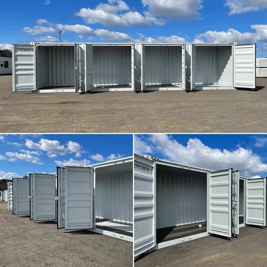 40ft High Cube Shipping Container – 4 Side Doors + End Access – three exterior photos showing container with side doors open