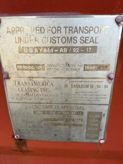 20ft Used Shipping Container – Double Cargo Doors – close-up of metal container identification and safety approval plate