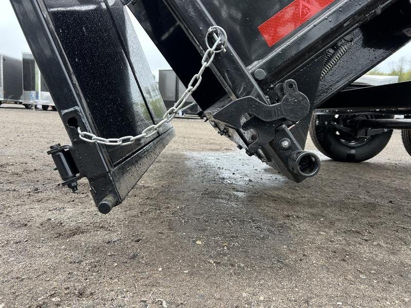2024 RawMaxx 16 ft Dump Trailer – Tarp Kit – Close-up of the rear gate latch and chain mechanism