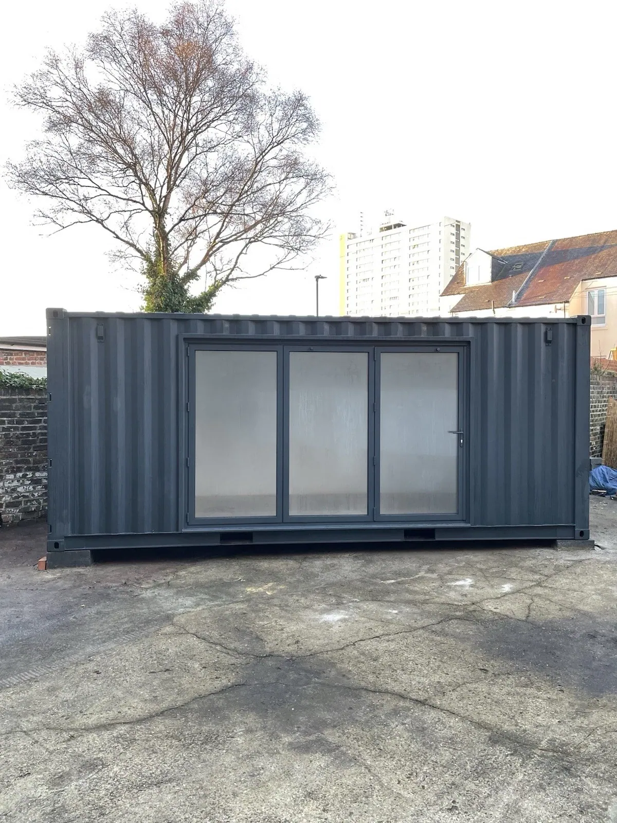20ft Converted Container Office – Private Gym Configuration – front exterior of converted container with three glazed door panels