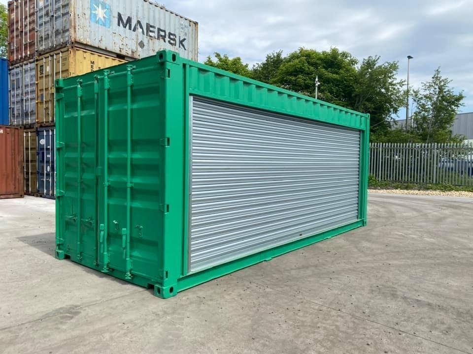 20ft Refurbished Storage Container – Side Roller Shutter – green container with closed side roller shutter and cargo doors