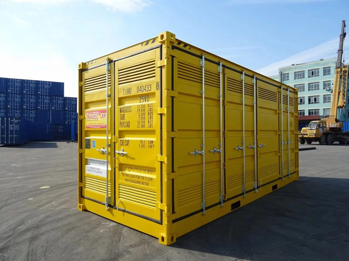 20ft Dangerous Goods Container – Bunded Floor and Ventilation – three-quarter exterior view of yellow container with vented doors closed