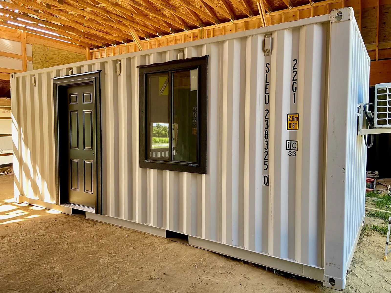 20ft Modular Container Office – LED Lighting, Two Windows – White container office with black entry door and window