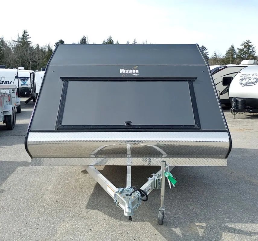 Mission Trailers Aluminum Crossover – Rear Canopy – Straight-on front view showing the hitch, diamond plate, and access door