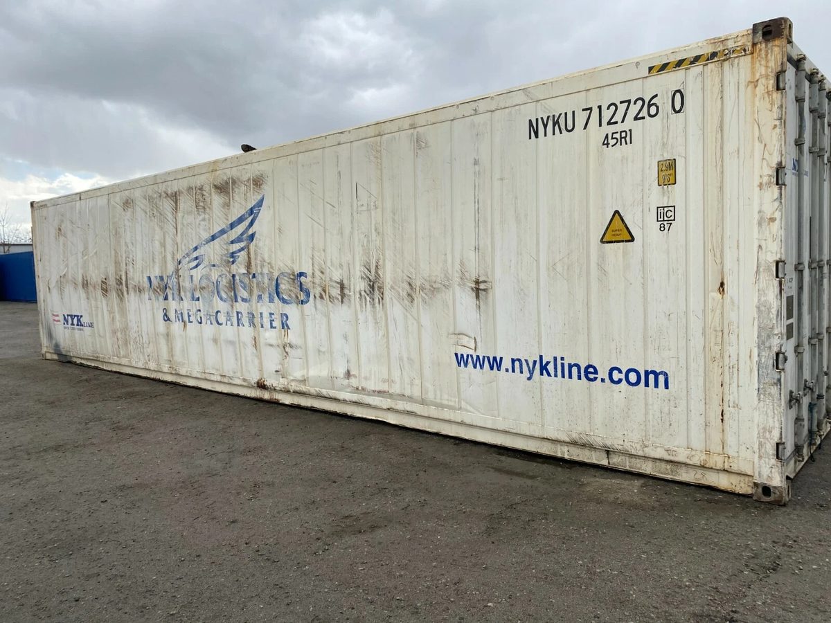 40ft Used Reefer Container – Non-Working Insulated Storage – Angled exterior of weathered refrigerated container with closed doors
