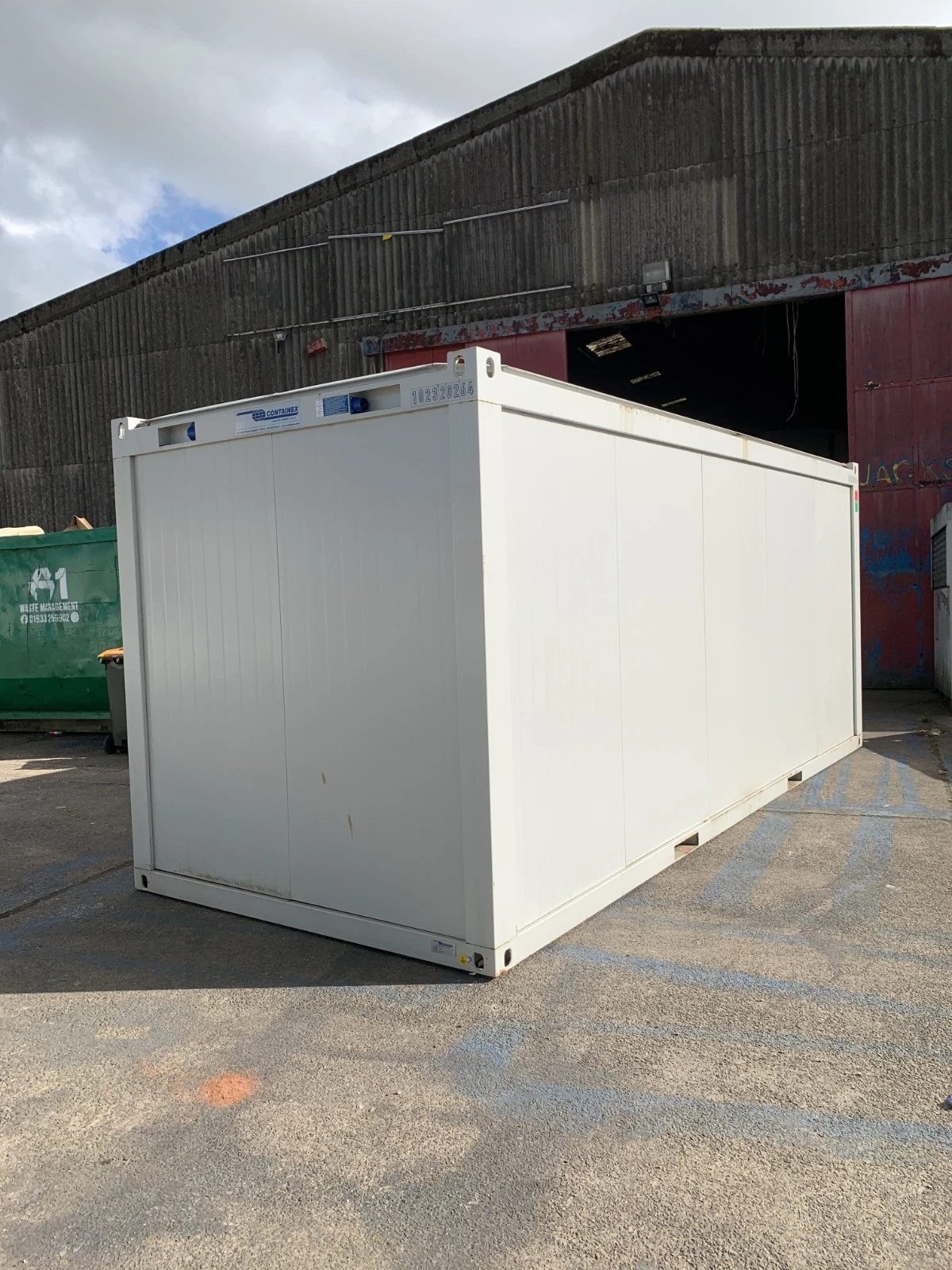 20ft Insulated Storage Container – Lockable Double Doors – three-quarter exterior view of white insulated storage unit