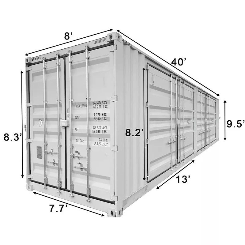 40ft High Cube Shipping Container – 4 Side Doors + End Access – three-quarter container exterior with closed side and end doors