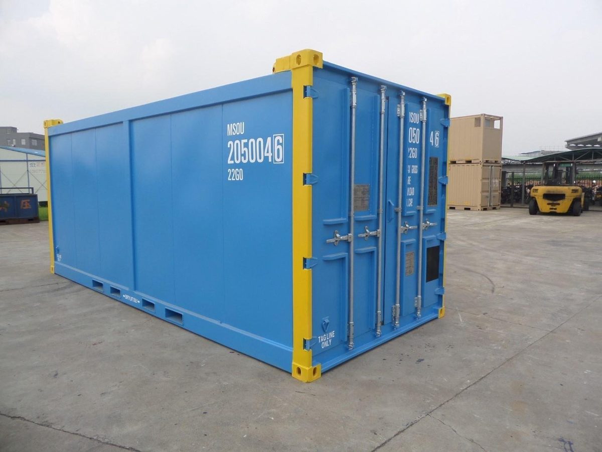 20ft Offshore Storage Container – DNV-Certified Lifting Slings – three-quarter exterior view of blue container with closed cargo doors