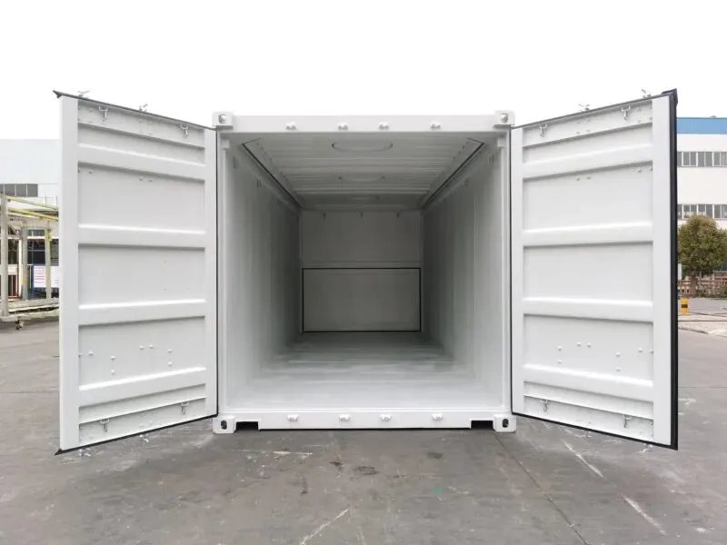 20 ft Dry Bulk Container – White, Top Loading – Inside view of an empty white storage container with open double doors