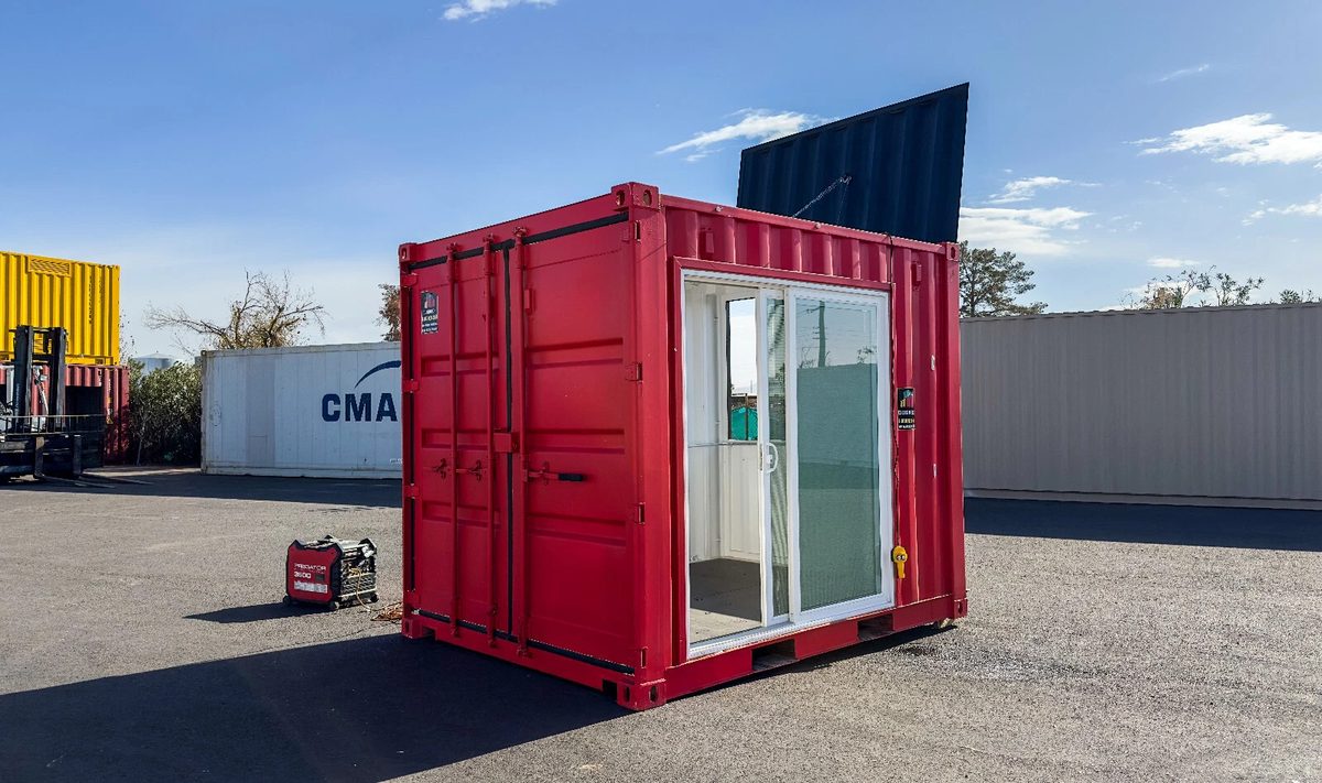 10ft Newly Built Concession Stand – Flip-Up Service Window – red container concession stand with sliding glass entry doors