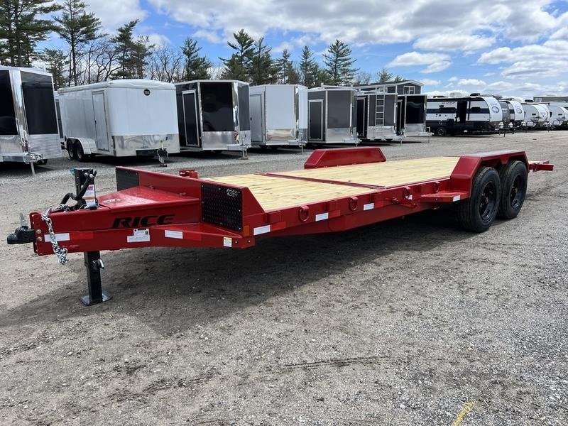 2024 Rice Trailers 22 ft Tilt Deck – Red, Toolbox – Front three-quarter view of a red tilt deck equipment trailer with wood flooring